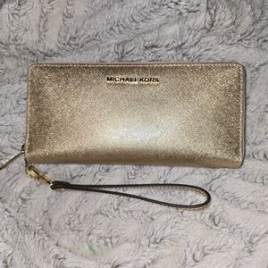 Michael Kors Metallic Gold Long Wallet With Wristlet Strap